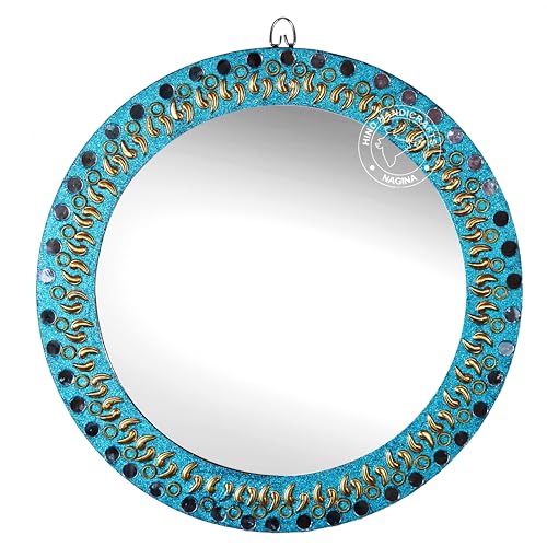 Image of Round Wall Mirror - Round Mirror, Rustic Accent Mirror for Bathroom, Entry, Dining Room, & Living Room. Metal Round Mirror for Wall (Turquoise 3, 16 inch x 16 inch)