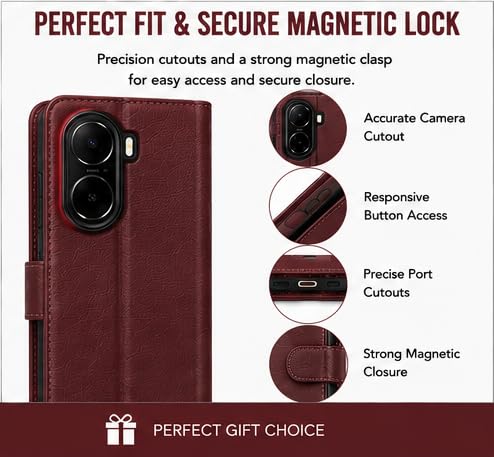 Image of HushLush Premium Flip Cover Compatible for Redmi A7 Pro | Shockproof Wallet Style Protective Case with Card Slots, Magnetic Closure, Stand Function & Full Body Protection (Plain Metallic) (Brown)