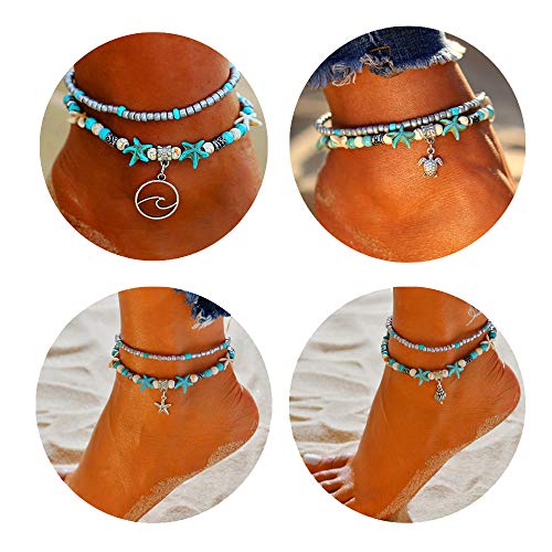 Kamresh 4pcs Blue Starfish Turtle Anklets Multilayer Boho Sea Handmade Anklet for Women Girls Foot Jewelry Set