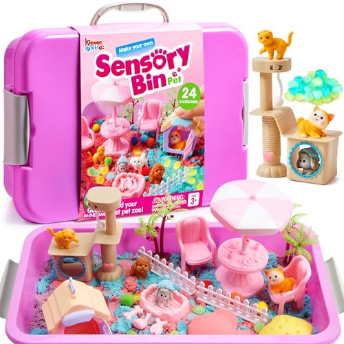 Klever Kits Cute Pet Sensory Bin for Toddlers with Glow in The Dark Stones, Sandbox with Lid Dual-Color Sand, Preschool Learning Activities Gifts for Boys Girls Age 3+ by JOVA