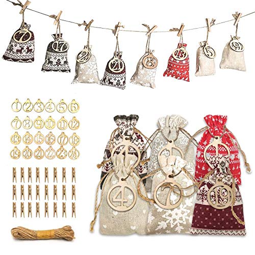 Halcyerdu 24 Pcs DIY Calendario de Adviento Navidad, Bolsas de Regalo Navidad, con 24 Adhesivos Digitales de Adviento, Bolsa de Tela de Tema navideño