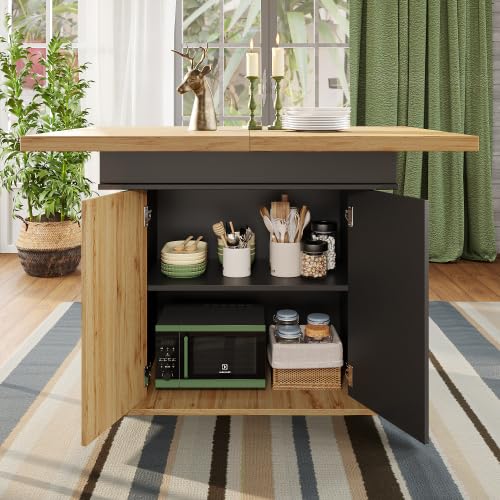 Mesa de comedor extensible de 110 a 140 cm, estilo retro con puertas moldeadas al vacío, mesa de cocina plegable para 4-6 personas con espacio de almacenamiento y estantes ajustables, color