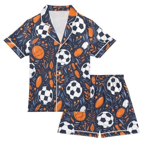 ALAZA Orange Ball Soccer Leaf Blossom Satin Pajamas Set Short Sleeve Button Down Sleepwear Summer Pjs 2 Piece