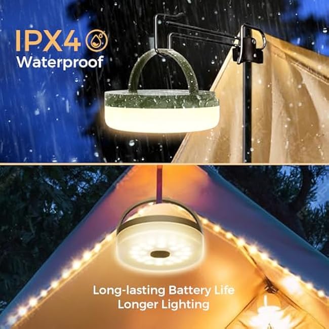 Camping String Lights, 2 in 1 Quick Storage 32.8FT Rechargeable Tent Lights String with 8 Modes, Hanging Waterproof Portable LED Lamp for Outdoor Patio Awning Garden Party Essentials
