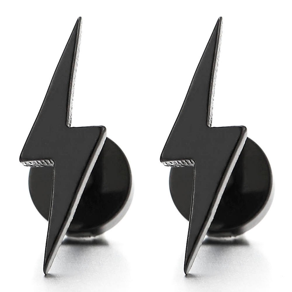 Pair Stainless Steel Lightning Bolt Stud Earrings for Men and Women, Screw Back