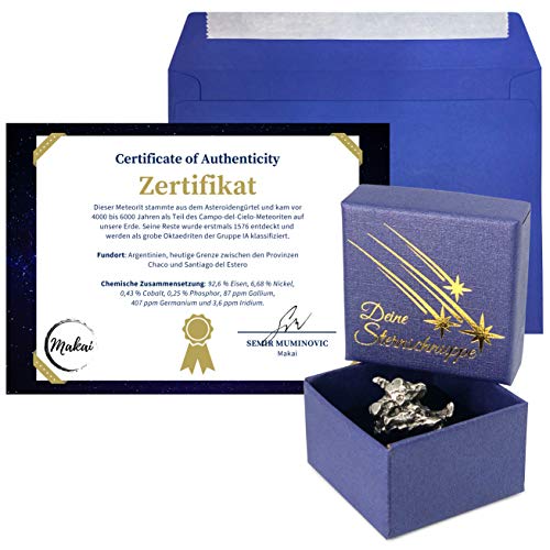 Makai echter Meteorit Sternschnuppe mit Echtheits-Zertifikat und individueller Widmung zum selber beschriften & Geschenkbox (Aufbewahrungsbox mit Zertifikat)