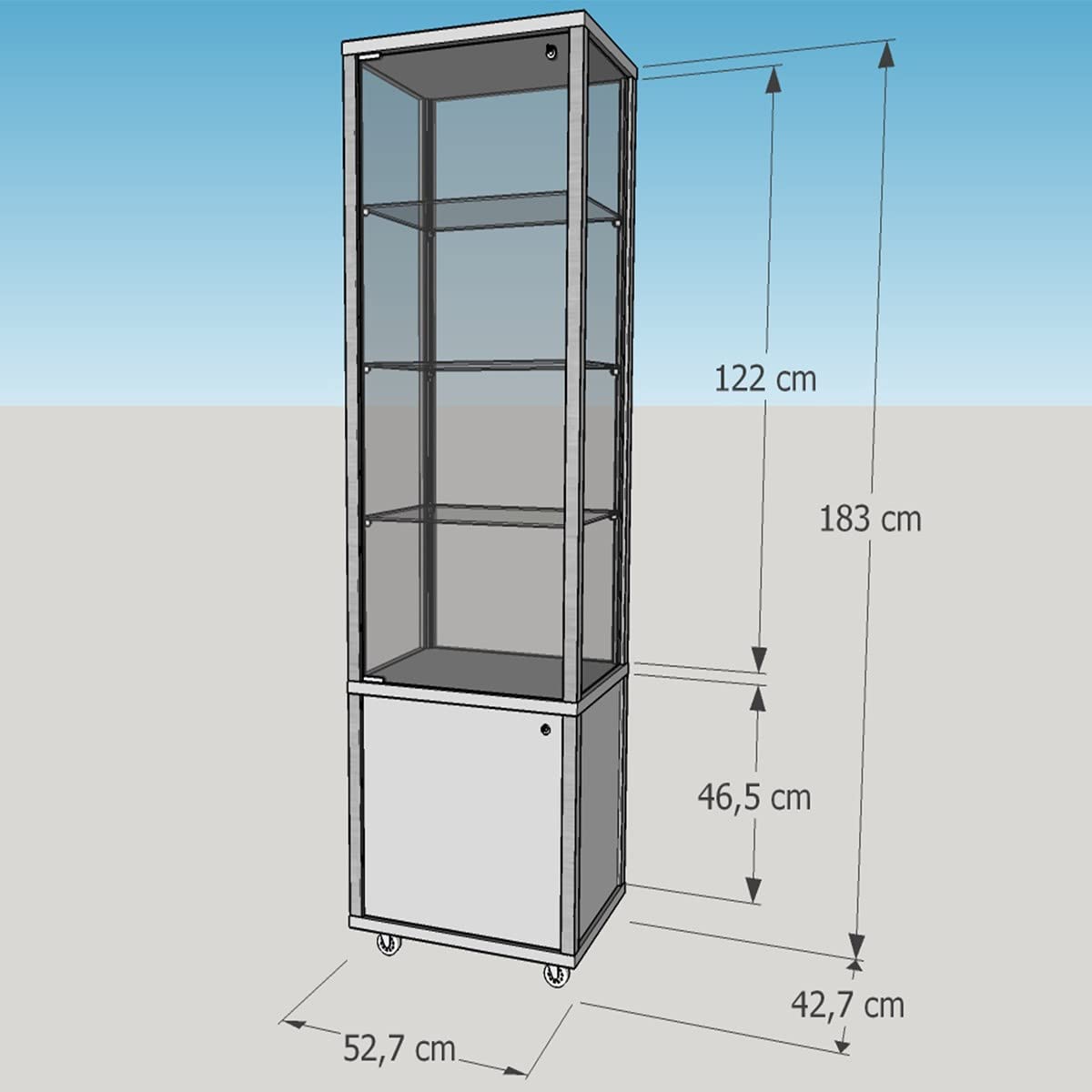 Glasvitrine 180 x 50 x 40 cm - abschließbare Vitrine mit Rollen und Holz-Unterschrank (lichtgrau) - 2-türige Hochvitrine für Sammlerstücke, Kunst oder Schmuck