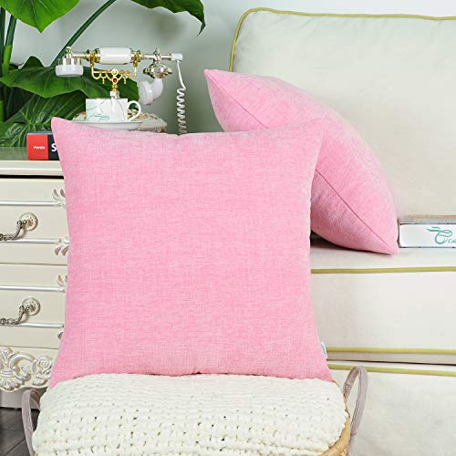 Image of CaliTime Pack of 2 Cozy Throw Pillow Covers Cases for Couch Sofa Home Decoration Solid Dyed Soft Chenille 18 X 18 Inches Candy Pink