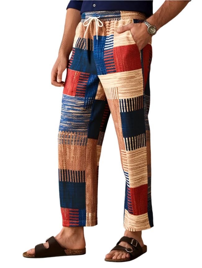 Men's Casual Multicolor Striped Boho Style Drawstring Waist Straight Leg Pants with Pockets3