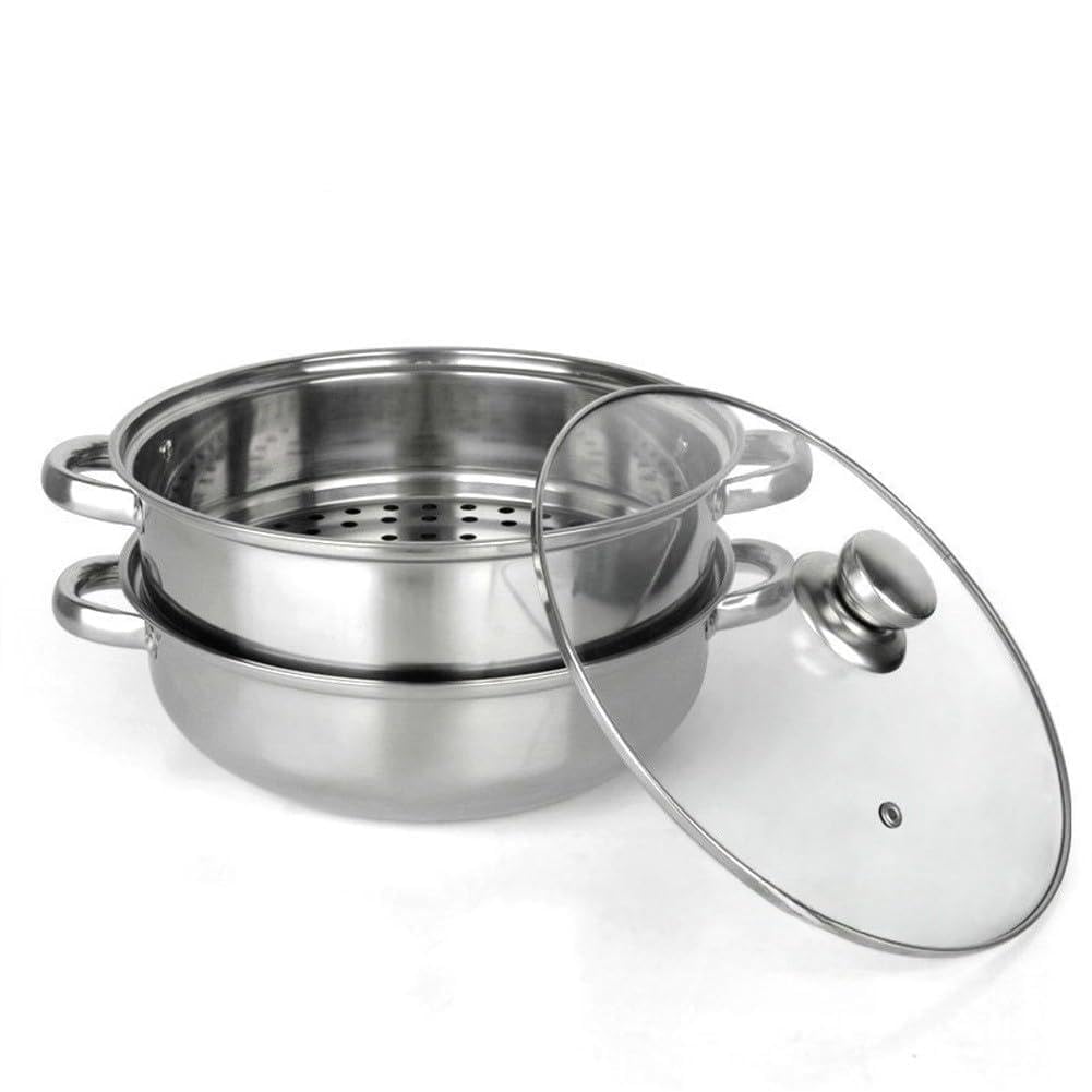 FUBESK - Pentola a vapore a doppio strato in acciaio inox con coperchio in vetro, 28 cm, per zuppe e cucina multiuso, compatibile con fornelli a gas, a induzione e alogeni