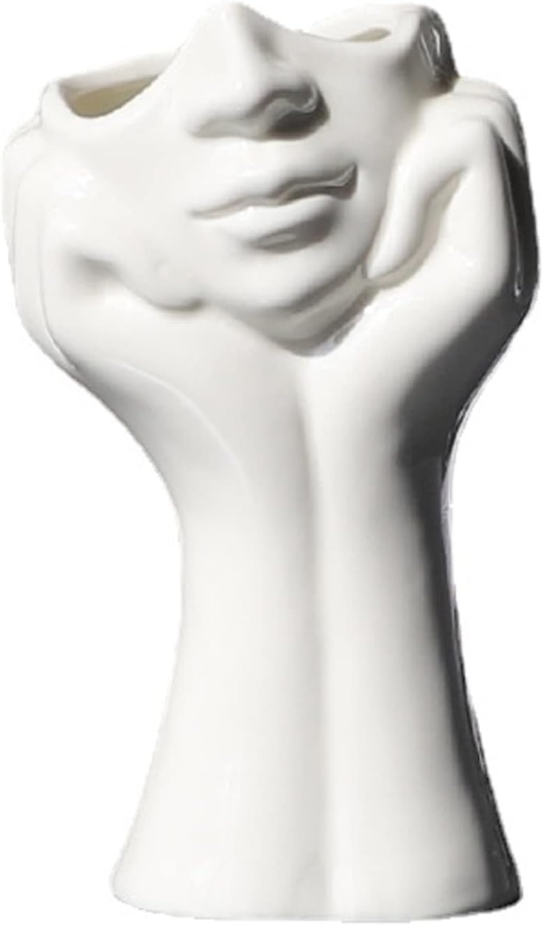 Human Face Ceramic Vase, Hands Sculpture Flower Plant Pot for Home Living Room Arrangement Office Shelves Organiser Décor (A- White)