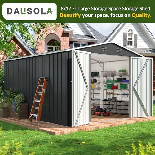 Image of DAUSOLA 8.19x12 FT Outdoor Storage Shed, Metal Garden Tool Shed with Updated Frame Structure and Lockable Doors, Ideal for Backyard Garden Patio Lawn, Grey