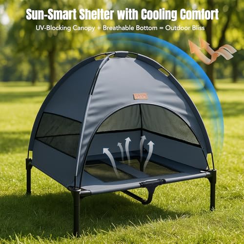 Lekespring Hundeliege Outdoor mit Dach & Erhöht Design - Atmungsaktive & wasserdichte Hundebett Outdoor, Hundeliege mit Sonnenschutz für Camping, Park & Indoor, Leicht & Tragbar, Grau
