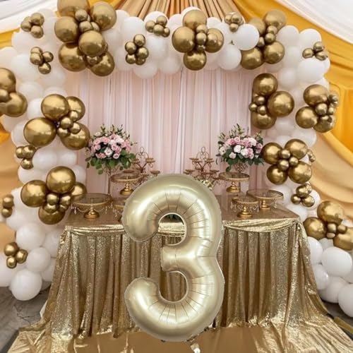 Image of Large Light Gold 3 Balloons, 40 Inch Metallic Champagne Gold Helium Mylar Foil Globos Numero for Boys Girls, Self Inflating 3rd Birthday Balloon for Women Men Anniversary Party Decorations Supplies