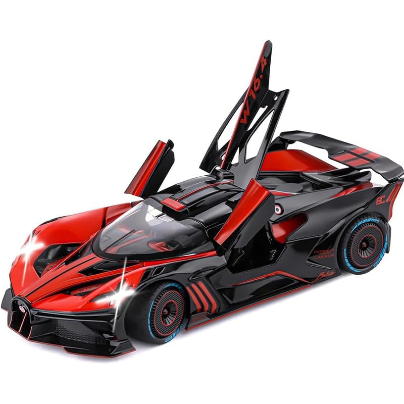 Image of PINQUE Kids New Car 1:24 Big Bugatti Bolide Diecast Alloy Metal Pull Back Car with Openable Doors Music Sound and Light Vehicle Toy for Boys (Red)