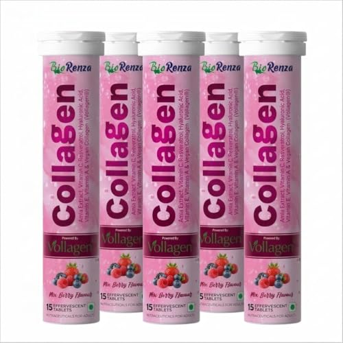 Image of Collagen Effervescent Tablets For Skin Glow & Hydration | With Vitamin C, Hyaluronic Acid, Resveratrol & Amla Extract | Vegan Collagen Supplement | Mix Berry Flavour | 15 Tablets Each | Pack Of 5