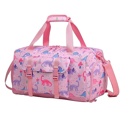 Kids Overnight Duffel Bags,Kasqo Girls Dance Bag Water Resistant Sports Gym Ballet Bag for Teens Sleepover Travel Bag Weekender Carry On Tote with Shoes Compartment Dry Wet Pocket,Pink Dinosaur
