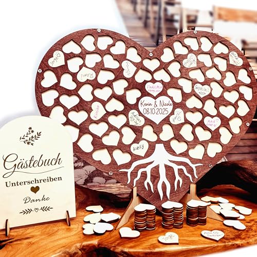 Neamon Libro de visitas de boda de madera, forma de corazón, libro de visitas alternativo, cumpleaños, bautizo, graduación, decoración, rompecabezas de madera con 83 corazones de madera, 1 rotulador