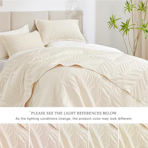 EXQ Home Quilt Set Twin Size Beige 2 Piece,Lightweight Soft Coverlet Modern Style Leaf Pattern Bedspread Set(1 Quilt,1 Pillow Sham)