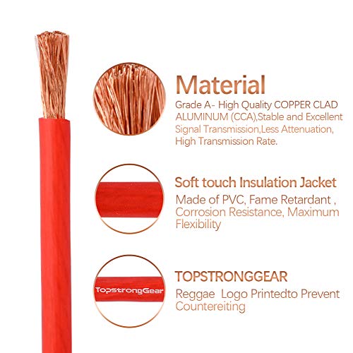 Topstronggear 4 Gauge 25Ft Black And 25Ft Red Power/Ground Wire True 4 Awg Power Wire-True Spec And Soft Touch Cable (Black&Red) (25Ft Red & 25Ft Black) #TOP2