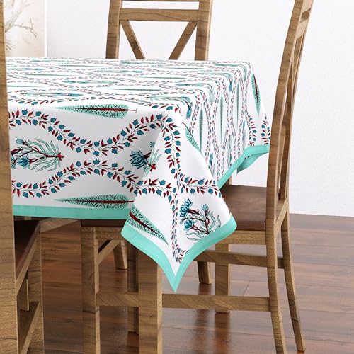 Image of BLOCKS OF INDIA Hand Block /Batik Print Rectangular Table Cloth for 6 Seater Dining Table (60 Inch X 90 Inch)(Turquoise Patti)
