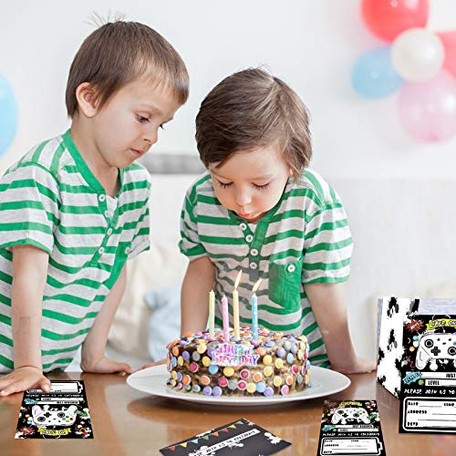 Watercolor Video Game Party Invites - 20 Set Fill-In Invitations With Envelopes For Boys Game Theme Birthday Party Supplies Double-Sided Printed Invitation Cards #TOP6