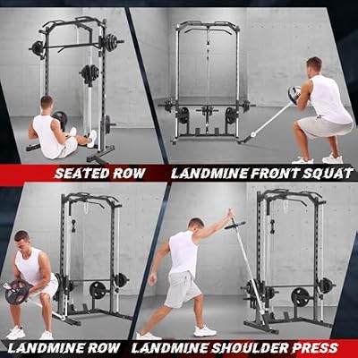 OPPSDECOR Smith Machine Squat Rack with LAT-Pull Down Multifunctional Power Rack with Cable Crossover Machine Power Cage with Barbell Bar Full Body Training Attachments for Home & Garage Gym