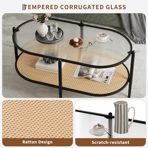 Boho Rattan Coffee Table with Glass Top, 2-Tier Oval Center Table with Metal Frame & Storage Shelf, Rustic Farmhouse Living Room Accent Tea Table for Apartment, Bedroom, Office Black - Thumbnail 5