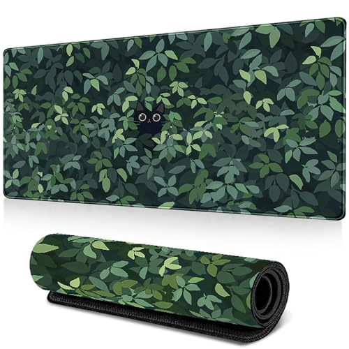 Tapis de souris de jeu mignon, taille XXL, tapis de bureau vert, 800 x 300 mm, base en caoutchouc antidérapante, imperméable, sous-main pour bureau à domicile (chatons en feuille)