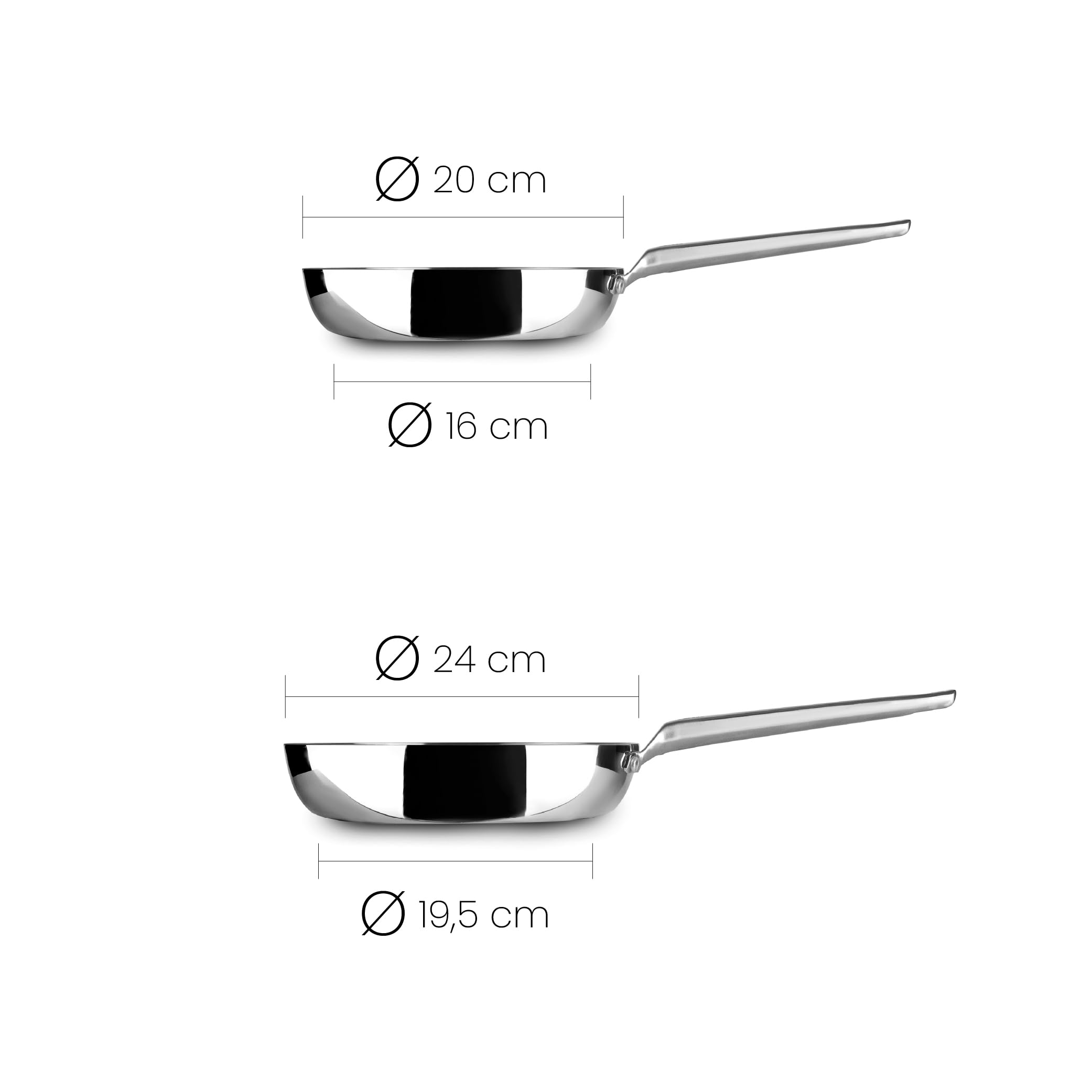 IBILI - Set de 2 Sartenes 20 y 24 cms, 5 capas, 5ply Element, Acero inoxidable, Apto para induccion, sin antiadherente, Juego de 2 sartenes