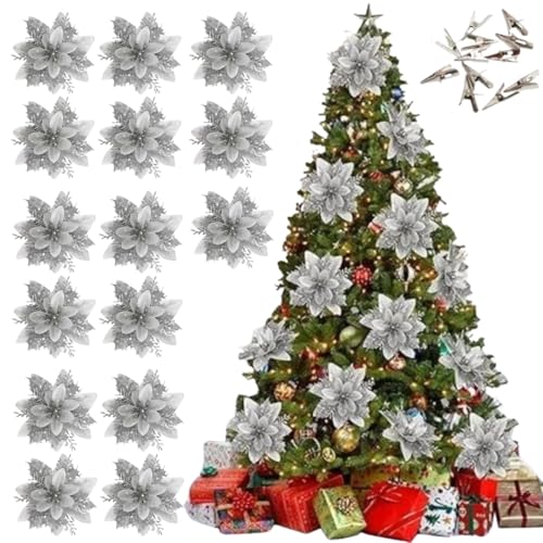 15 Fiori Albero Di Natale Argento, Fiori Grandi Per Albero Di Natale Diametro 14 cm Resistenti Con Gancio Di Montaggio Incluso, Rose Argento Per Addobbi Natalizi