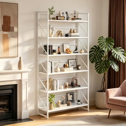 Image of JSB 6 Tier No Assembly Folding Bookshelf, 30.7 inch Wide Foldable Storage Bookcase for Home Office, Space-Saving Storage Shelf for Living Room (All White)