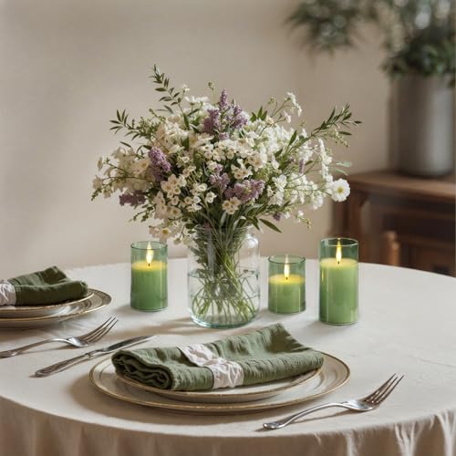 Image of Homemory Green Glass Flameless Candles, Battery Operated LED Pillar Candles with Remote Control and Timer, Radiance Candles, Real Wax, Set of 3,D3 xH4 5 inch 6 inch