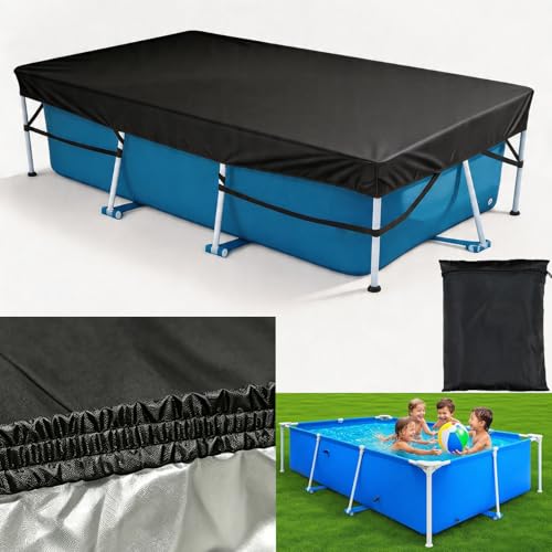 300 x 200 cm Poolabdeckung für Rechteckige Aufstellpools Solarabdeckung Poolabdeckung mit integriertem Gummizug und starkem Gurtband-Fester Sitz und einfache Montage verhindert Verrutschen (Schwarz)