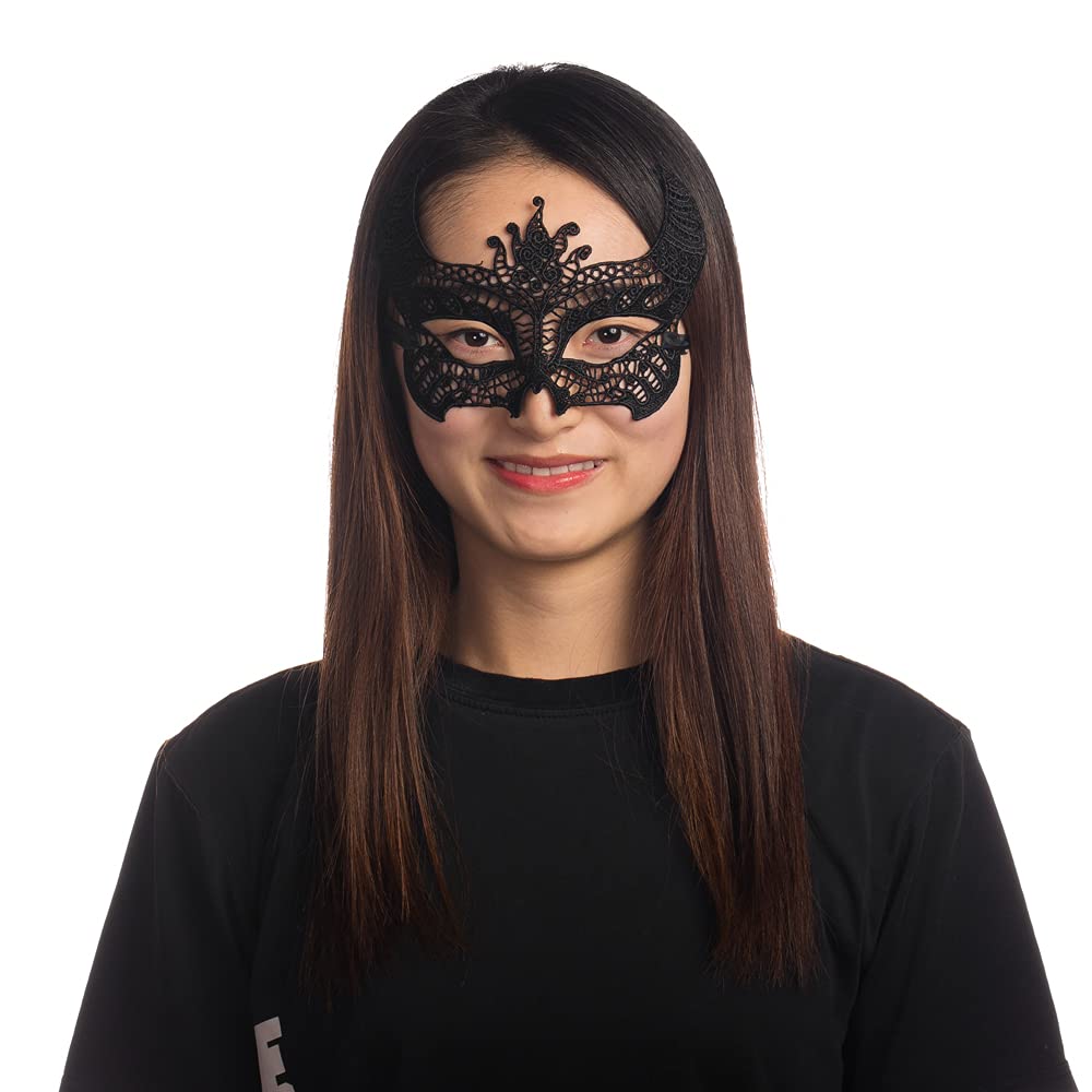 HM SmallwaresLace Devil Mask by HMS – Halloween or Cosplay Costume - Super Soft & Comfortable – Black Sexy Masquerade Party Accessory – Includes Lace Horns and Flexible Elastic Tie