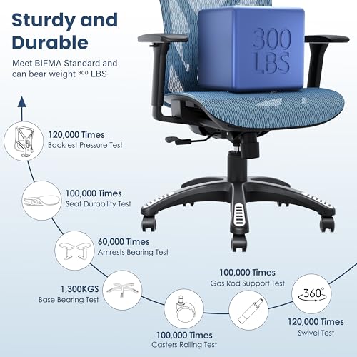Image of Ergonomic Office Chair, Mesh Computer Desk Chairs with BIFMA X5.1 Certified, Adjustable Lumbar Support, 3D Arm, Tilt Back, Wide Seat, Comfy Swivel Work Task Chair for Company and Home (Sky Blue)