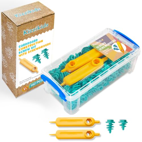 Image of Kizzikids 162-Piece Cardboard Screws Kit with 2 Screwdrivers, Screws 80 and Screws+ 80, STEM Construction Toy for Kids 5+, for Cardboard Construction, Home & Classroom (Blue)