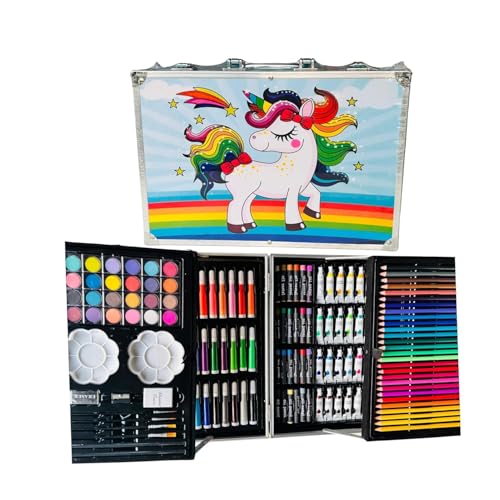 Image of TEKCOOL Art Set for Kids, 145 Pieces Drawing Kit with Colour Pencils, Oil Pastels, Paint Brushes, Unicorn Theme Art Set