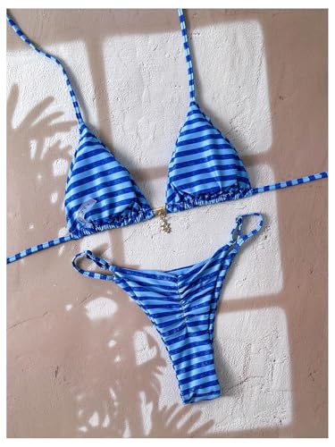 Women's 2 Piece Bikini Set Striped Halter Triangle Cheeky Thong Swimsuits High Cut Bathing Suit2