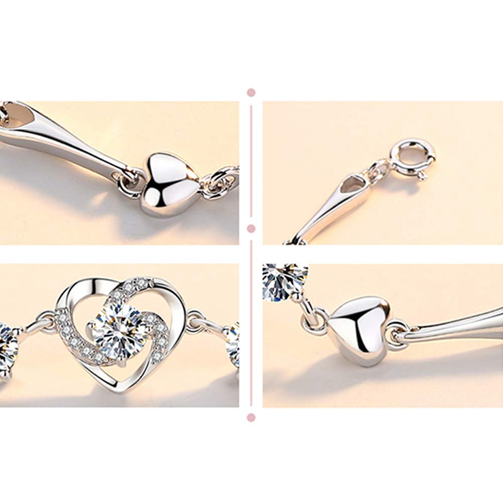 Pulsera de Plata con Cristales de corazón para Mujer, Pulsera de Plata Ajustable con dijes, 20 cm / 8 Pulgadas