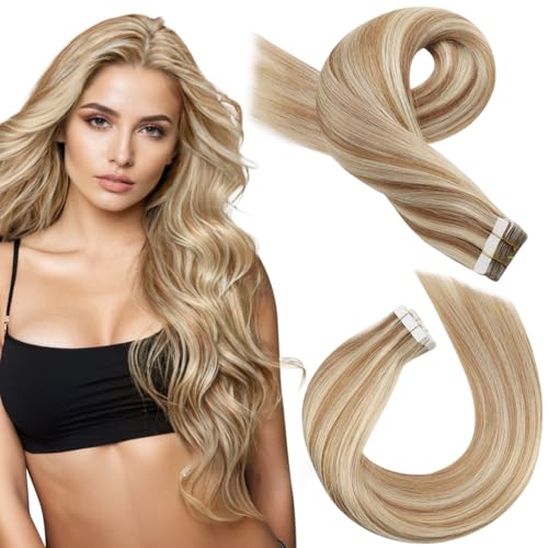 Image of Moresoo Human Hair Extensions Tape Brown Blonde Highlights 20in 20Pcs 50g | Seamless tape in hair extensions human hair, blonde dimension, flat tabs, added length for low ponytails and events