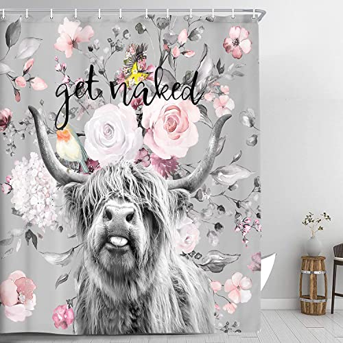 Funny Get Naked Shower Curtain, Farmhouse Highland Cow Bull Farm Cattle Bathroom Bath Curtain With Hooks, Boho Grey Floral Fabric Waterproof Shower Curtain Sets 69X70 Inch #TOP2