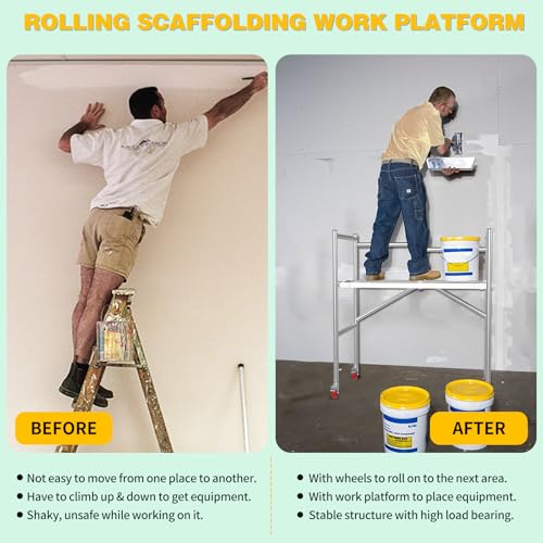 Image of Scaffolding Work Platform, Rolling Scaffolding with Wheels, Scaffold for Building Construction, Interior Painting, Home Improvement（47.2 inch Height, 500LBS Capacity, Silver)