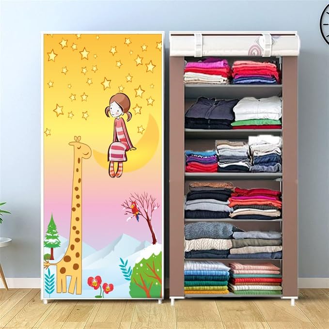 CMerchants Portable Collapsible Wardrobe for Clothes Storage – Foldable Cloth Organizer Cupboard with Shelves for Bedroom & Home (Durable, Space Saving Design) (Brown Giraffe Girl Print, 6-Layer)-image-34