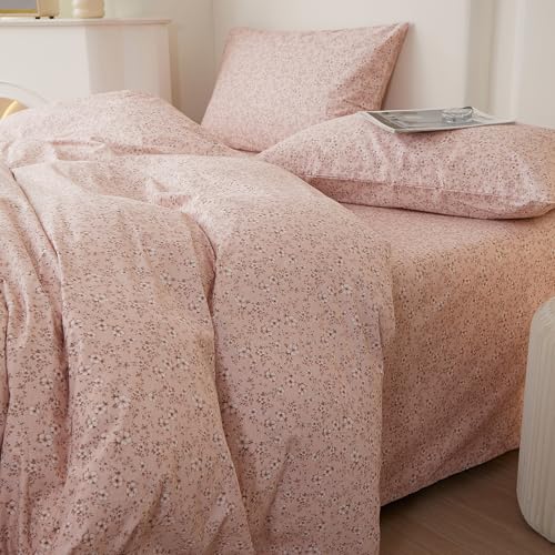Image of LifeTB Pink Floral Comforter Set Aesthetic Cottagecore Flowers Bedding Set | Vintage Floral Botanical Bedding Full Size Comforter with 2 Pillowcases Soft Lightweight Comforter for All Season