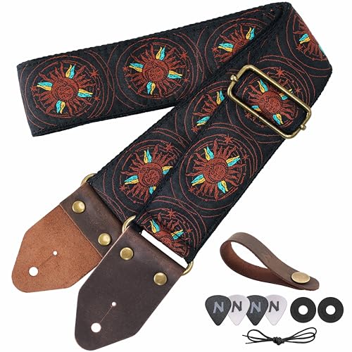 Image of Nefelibata Guitar Strap,Jacquard Embroidery Cotton Guitar Straps with Crazy Horse Leather Ends for Bass, Electric & Acoustic, Best Gifts for Kids, Guitarists(Orange Sun Embroidery)