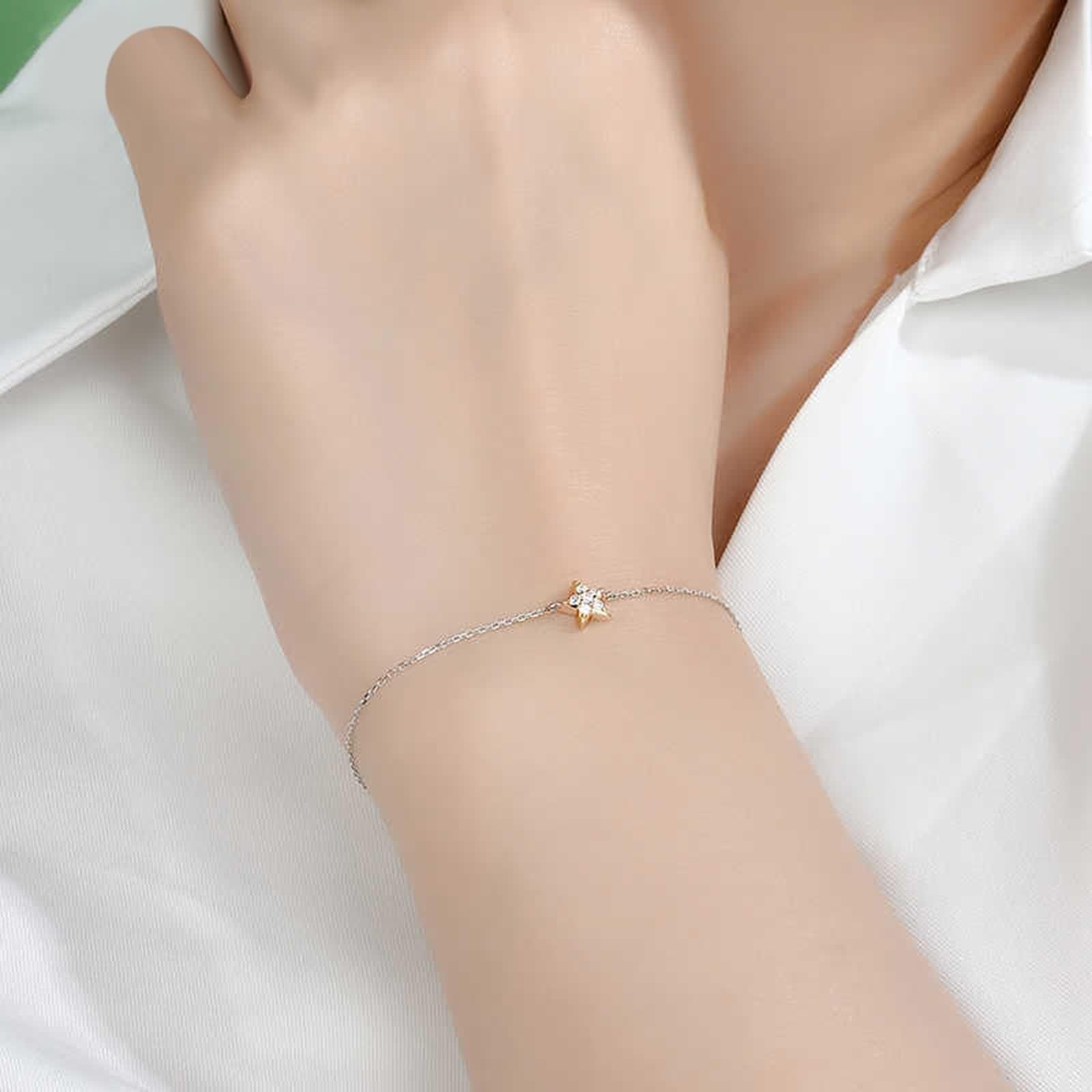 Pulseras de moda para mujer, pulsera de promesa con diamantes blancos de 0,08 quilates, cadena de estrella de oro amarillo y oro blanco