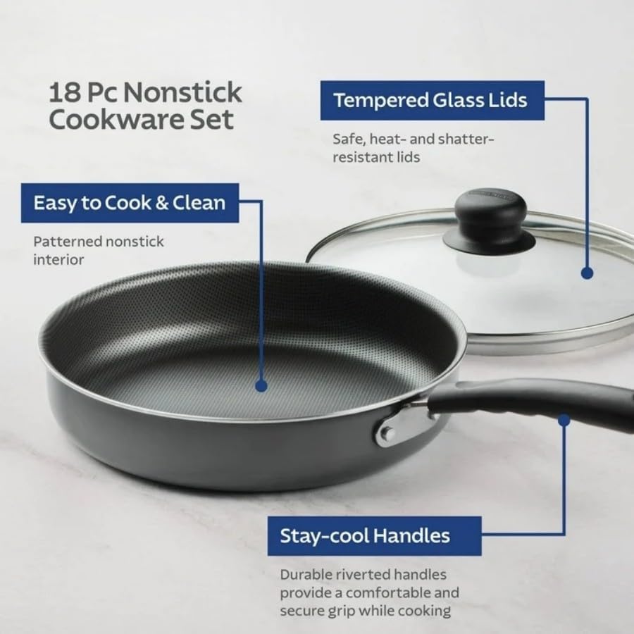 18 Piece Non - stick Cookware Set - Aluminum Construction, Dishwasher Safe, Suitable for All Cooktops