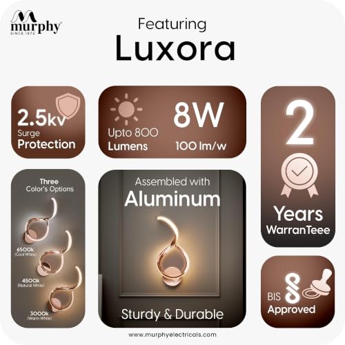 Image of Murphy Luxora Elegant LED Wall Lamp for Home - 2 Years Warranty - Modern Aluminium Light with 3 Color Modes (Rose Gold, Pack of 1)