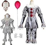 [BIVVI] ペニーワイズ Pennywise ピエロ コスプレ 衣装 ジョーカー ハロウィン コスチューム 道化師 舞踏会 学園祭 仮装 男女共用 9点セット (シルバー, L)